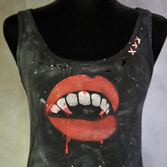 Vampire Lips Handmade Distressed Horror Shirt - Picture 2 of 5